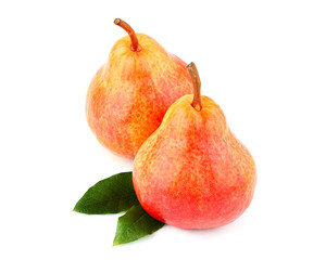 Top view red pears with leaves isolated