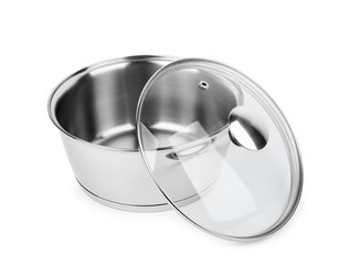 Shiny stainless steel soup pot, with lid transparent glass on a white background