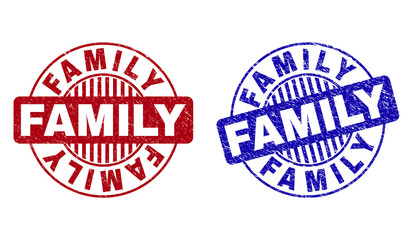 Grunge FAMILY round stamp seals isolated on a white background. Round seals with grunge texture in red and blue colors. Vector rubber watermark of FAMILY text inside circle form with stripes.