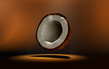 coconut floating on a brown back ground.