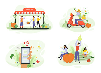 Organic food delivery concept banner set. Order fresh green food