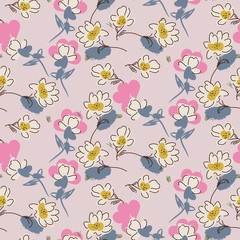 Hand drawn flowers pink dusty colors seamless vector pattern.