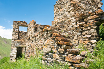 Kazbegi, Georgia - Jul 01 2018: Ruins of Zakagori fortress at Truso valley near Caucasus mountain. a famous Historic site in Kazbegi, Mtskheta-Mtianeti, Georgia.