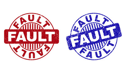 Grunge FAULT round stamp seals isolated on a white background. Round seals with grunge texture in red and blue colors. Vector rubber imprint of FAULT label inside circle form with stripes.