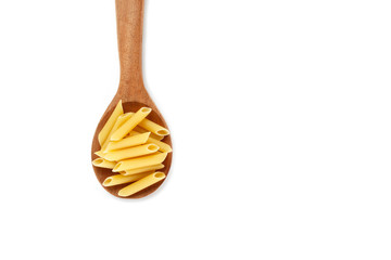 dry pasta penne Italian food in a spoon on white background.