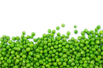 pile green peas on white background.