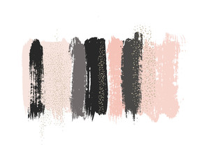 Brush strokes background. Set of Ink painted smudges in pink, nude, taupe, black. gold. Vector design elements.