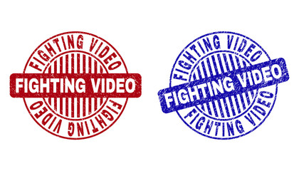Grunge FIGHTING VIDEO round stamp seals isolated on a white background. Round seals with grunge texture in red and blue colors.