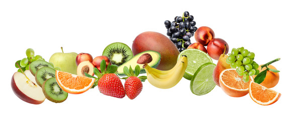 Composition with a large variety of different fruits on a white isolated background. The symbol of abundance and fertility.