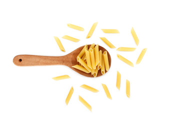 dry pasta penne Italian food in a spoon on white background.