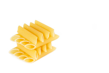 dry pasta penne Italian food white background.