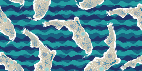 Florida state shapes seamless pattern filled with with sand dollars, sea stars and seahorses on blue waves background. Great for summer fashion, textiles, souvenir designs, beach wedding invitations.