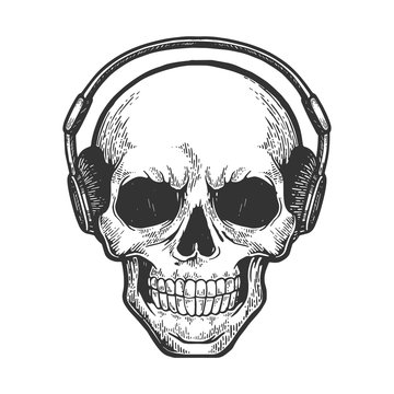 Human skull listens music on headphones sketch engraving vector illustration. Scratch board style imitation. Hand drawn image.