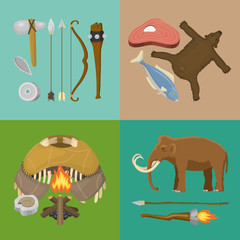 Stone age primitive prehistoric life banner vector illustration. Ancient tools and animals. Hunting weapons and household equipment. Neanderthals or homo sapiens. Fish and bear.