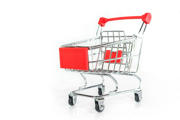 red shopping cart on white background.