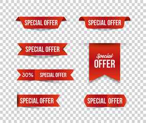 Red special offer banners with shadows on transparent background. Vector illustration.