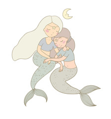 two cute cartoon princess mermaids. Siren. Marine theme. - Vector