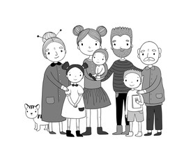Obraz na płótnie Canvas happy family. Parents with children. Cute cartoon dad, mom, daughter, son and baby. grandmother and grandfather. Funny pet cat - Vector
