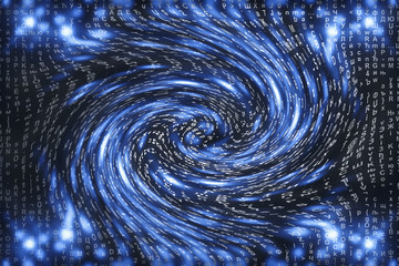 Blue matrix digital background. Distorted cyberspace concept. Characters fall down in wormhole....