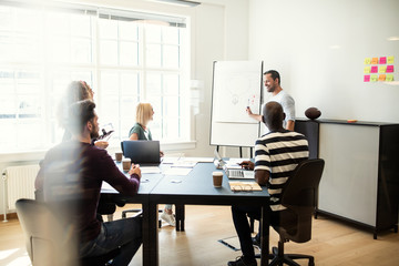 Manager giving a whiteboard presentation to office colleagues