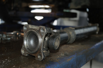 the propeller shaft of the vehicle, the cardan shaft removed from the car close up