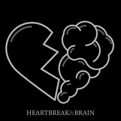 Heartbreak vector. Broken Heart and Brain flat modern icon logo vector design. Interaction between soul and intelligence, emotions, loneliness, divorce, broken relationship, rational thinking