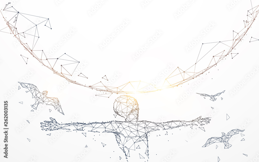Poster Man extended the arms with global. Freedom concept from lines, triangles and particle style design. Illustration vector