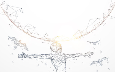 Man extended the arms with global. Freedom concept from lines, triangles and particle style design. Illustration vector