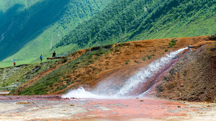 Kazbegi, Georgia - Jul 01 2018: Geyser at Truso valley near Caucasus mountain. a famous landscape in Kazbegi, Mtskheta-Mtianeti, Georgia.