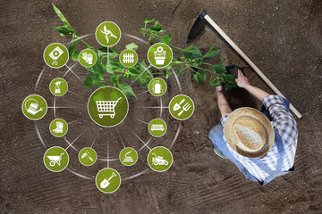 gardening equipment e-commerce concept, online shopping garden tools icons, man planting a plant on the ground in top view background