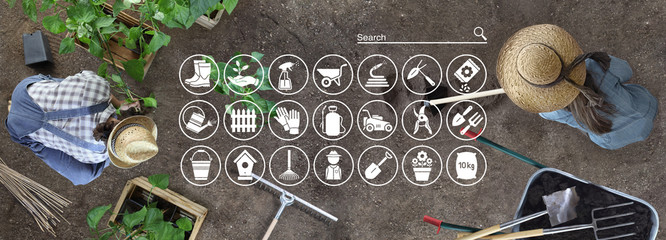 gardening equipment e-commerce concept, online shopping icons, man and woman together work in the vegetable garden, place a plant in the ground, top view from above