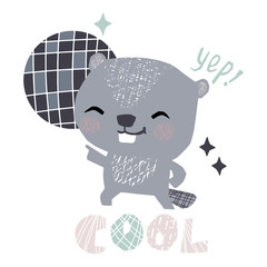 Beaver baby dance cute print. Sweet animal listen to music.