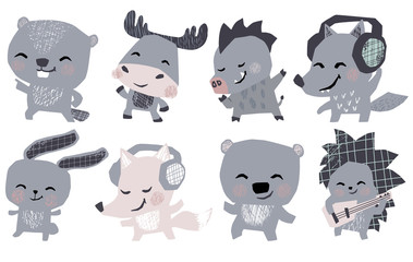 Moose, bunny, bear, fox, hedgehog, wolf, boar, beaver musik band cute set. Animals dance, plays guitar, lisen headphones.