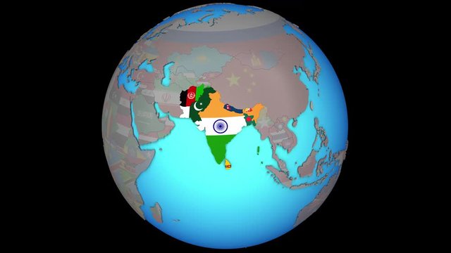 Closing in on SAARC memeber states with embedded national flags on blue political 3D globe. 3D illustration.