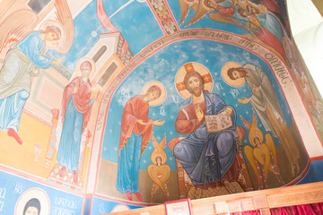 Imereti, Georgia - Jul 16 2018: Mural at Church of Katskhi pillar. a famous Historic site in Chiatura, Imereti, Georgia.