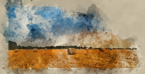 Obraz premium Watercolour painting of Rural landscape image of Summer sunset over field of hay bales