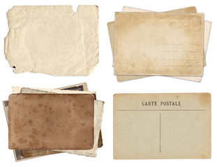 Set of various Old papers and postcards with scratches and stains texture isolated