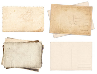 Set of various Old papers and postcards with scratches and stains texture isolated