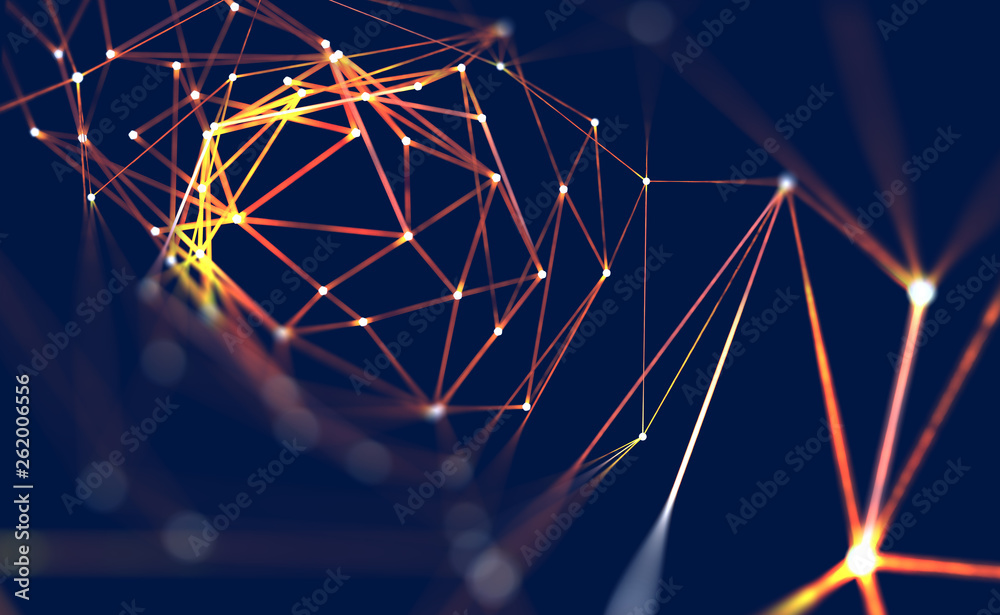 Fototapete Big data concept. Global computer wireless network. Abstract 3D illustration of a flaming polygonal mesh with a shallow depth of field