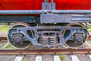 Detail of red fire train on the track.