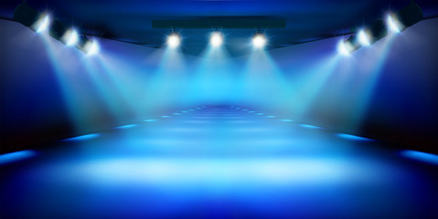 Stage podium during the show. Blue background. Fashion runway. Vector illustration.
