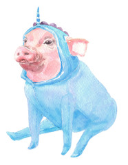 Cute Piggy baby animal in pink unicorn pajamas. Pig Print for children fabric.  Bright Baloons, Gift for the first birthday, Decor for a children's holiday, an invitation to a children's pajama party © Alecs