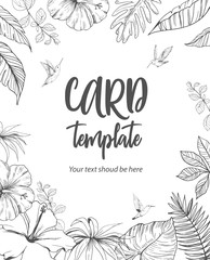 Template of greeting card or invitation with tropical leaves and flowers. Vector illustration