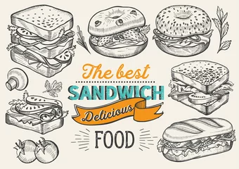 Fotobehang Sandwichillustratie - bagel, snack, hamburger voor restaurant © marchiez