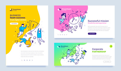 Obraz na płótnie Canvas Vector set of template with business illustration with people on color background. Concept of success, mission, partnership with text.