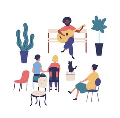 Street musician or guitarist sits on bench and plays guitar at park, people listen to music. Performer and audience or spectators at summer outdoor art festival. Flat cartoon vector illustration.