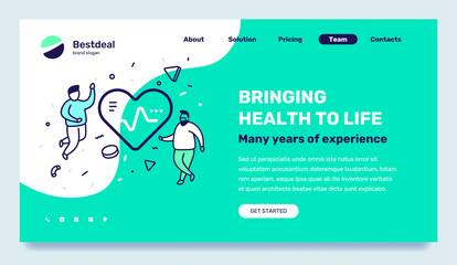 Vector medicine template with illustration of people with big heart with pulse. Health life concept with text on green background.