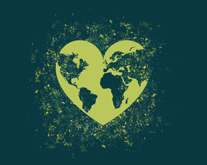 Vector illustration continuous drawing of the heart shaped world.