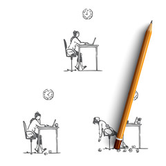 Working girl - girl sitting with laptop, working and becoming exhausted vector concept set