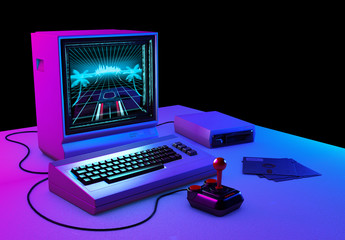 Retro computer old tecnology with a example of retrowave game on the screen - 3d rendering